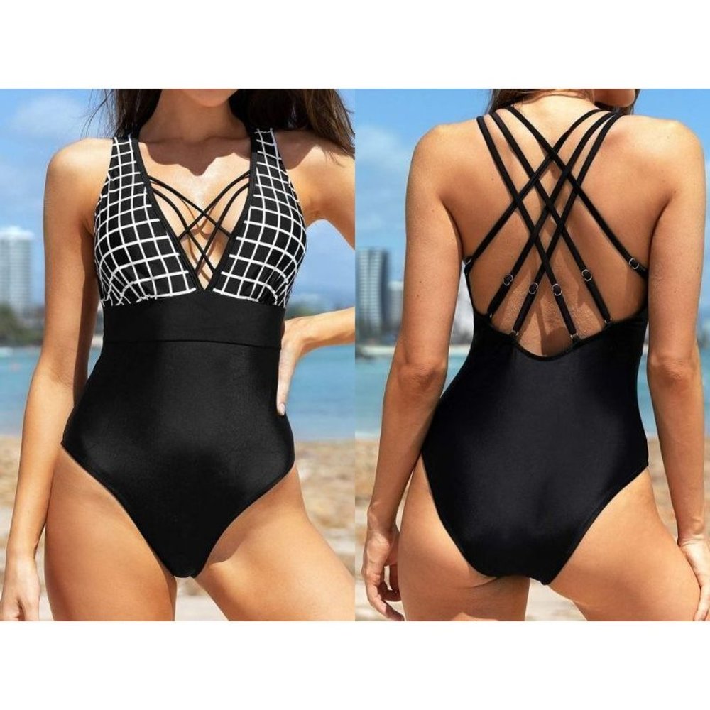 Cupshe Gingham Lace Up Strappy One Piece Swimsuit M